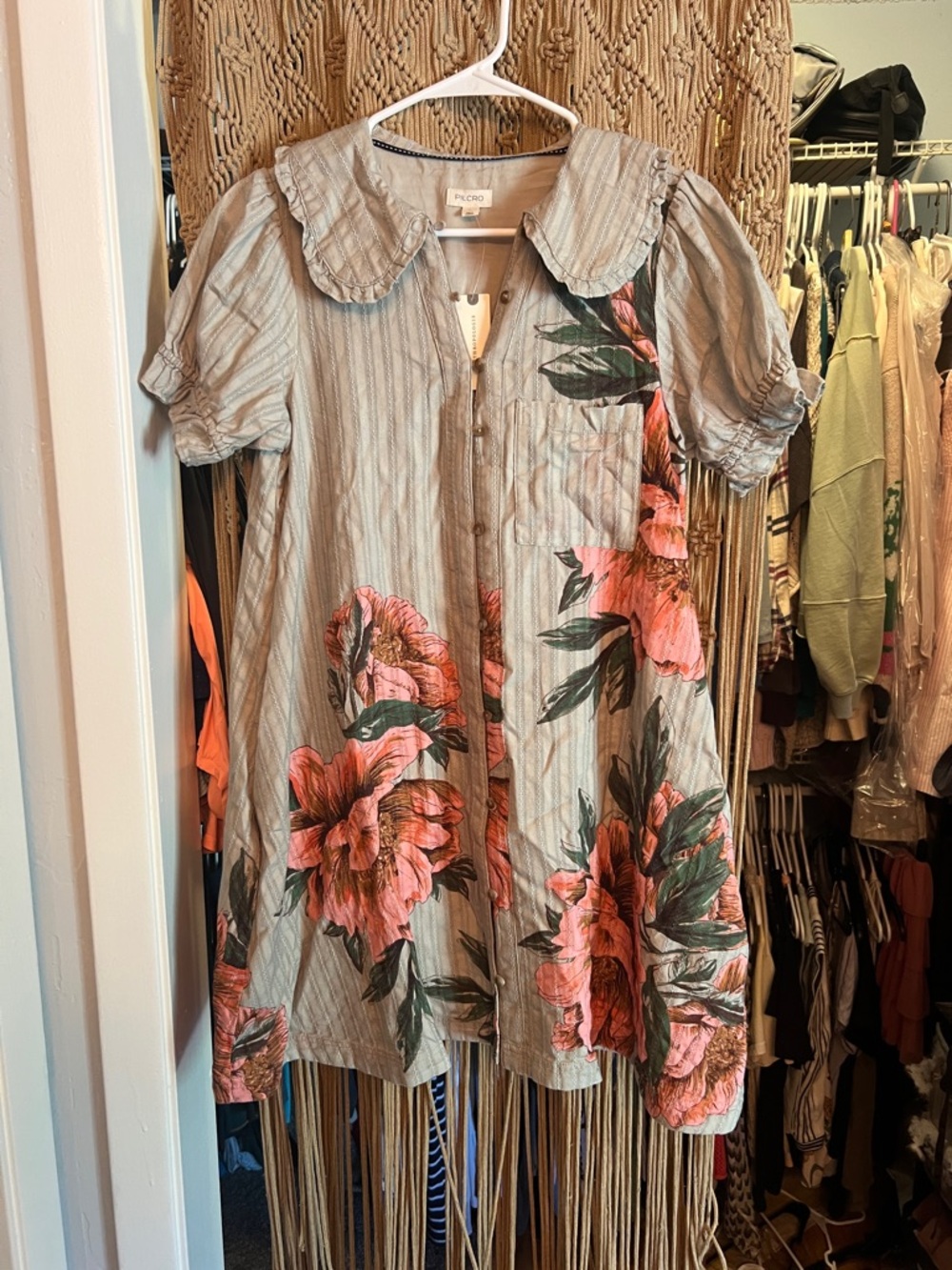 Women’s Floral Button-Up Dress in sage green with Pink Flowers